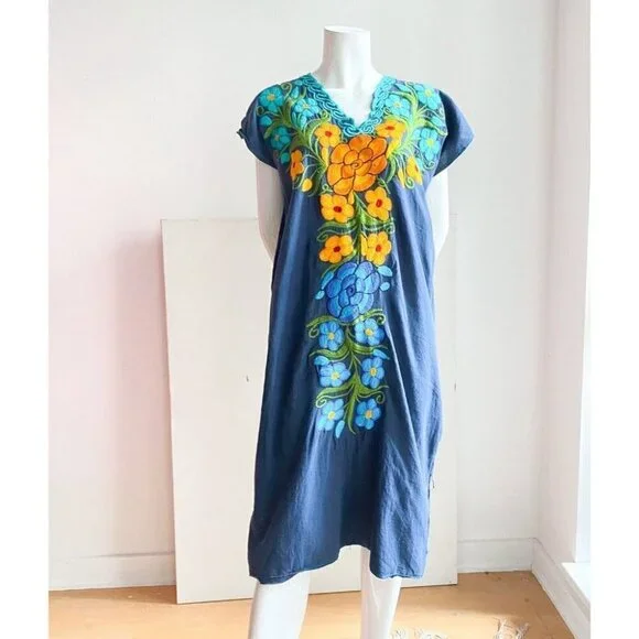 Vintage Navy Blue Cotton Floral Embroidered Tunic Dress L - Picture 2 of 7